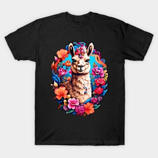 Llama in Floral Crown: A Serene Portrait T-Shirt